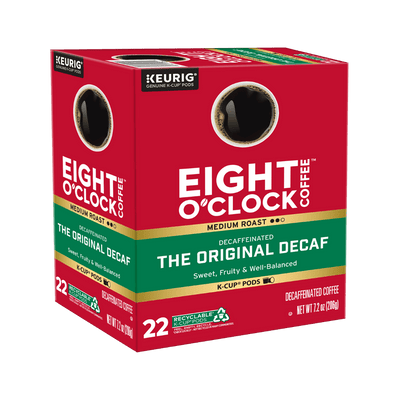 Box of Eight O'Clock Coffee K-Cup pods on a green background