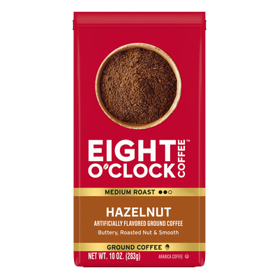 Eight O'Clock Hazelnut coffee package on a white background
