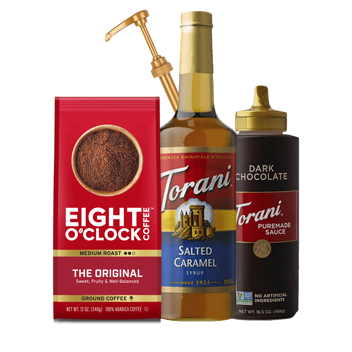 Salted Caramel Mocha Gift Set - Eight O'Clock coffee, Torani Salted Caramel Syrup and Torani Dark Chocolate Syrup