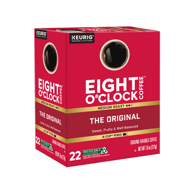 Box of Eight O'Clock Coffee K-Cup pods on a green background