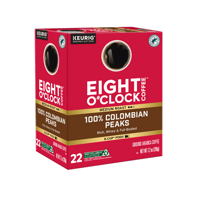 Box of Eight O'Clock Coffee K-Cup pods on a green background