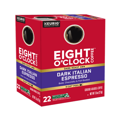Box of Eight O'Clock Dark Italian Espresso K-Cup pods on a green background