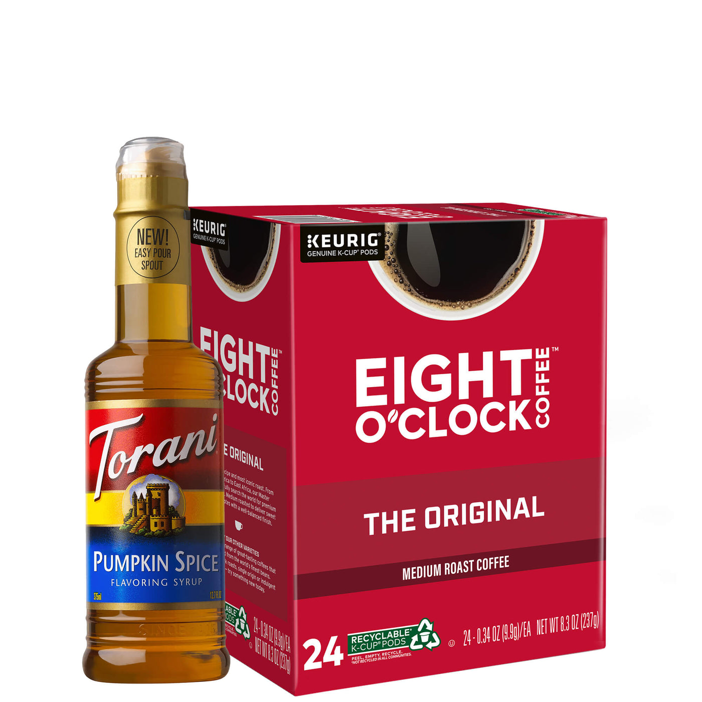includes a 375 ml bottle of Torani Pumpkin Spice Syrup and a 48-count box of Eight O'Clock Original Blend K-Cup® Pods.