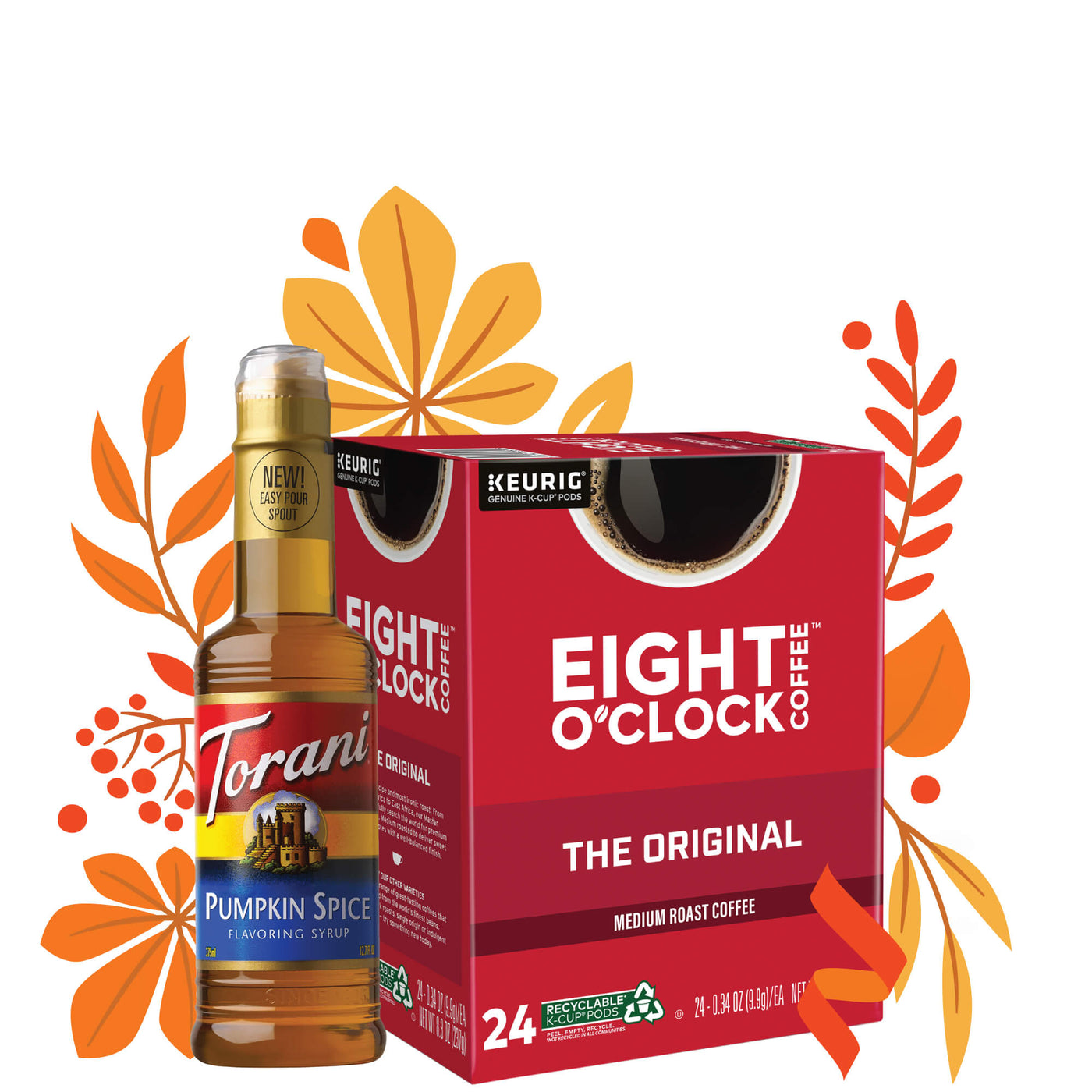 includes a 375 ml bottle of Torani Pumpkin Spice Syrup and a 48-count box of Eight O'Clock Original Blend K-Cup® Pods.