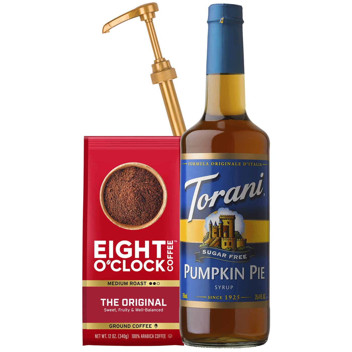 includes a 750 ml bottle of Torani Sugar Free Pumpkin Pie Syrup, a 12 oz bag of Eight O'Clock Original Blend Ground Coffee, and a handy syrup dispensing pump.