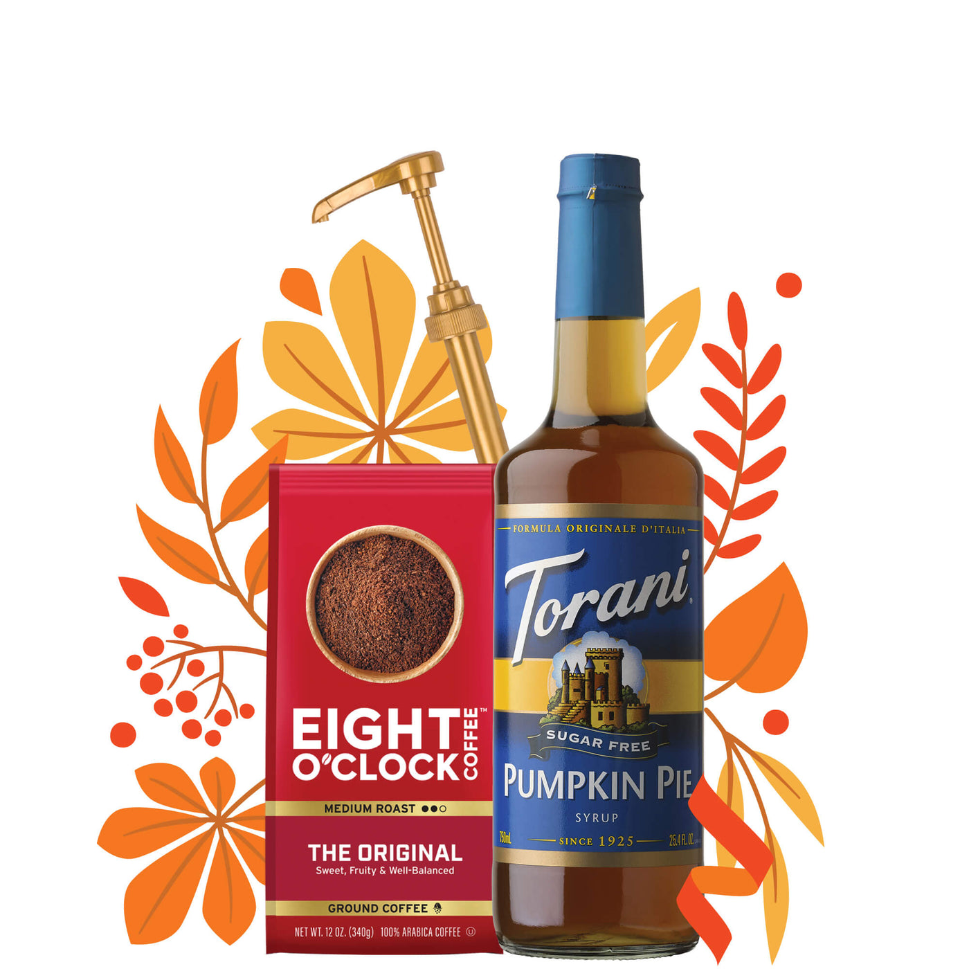 includes a 750 ml bottle of Torani Sugar Free Pumpkin Pie Syrup, a 12 oz bag of Eight O'Clock Original Blend Ground Coffee, and a handy syrup dispensing pump.