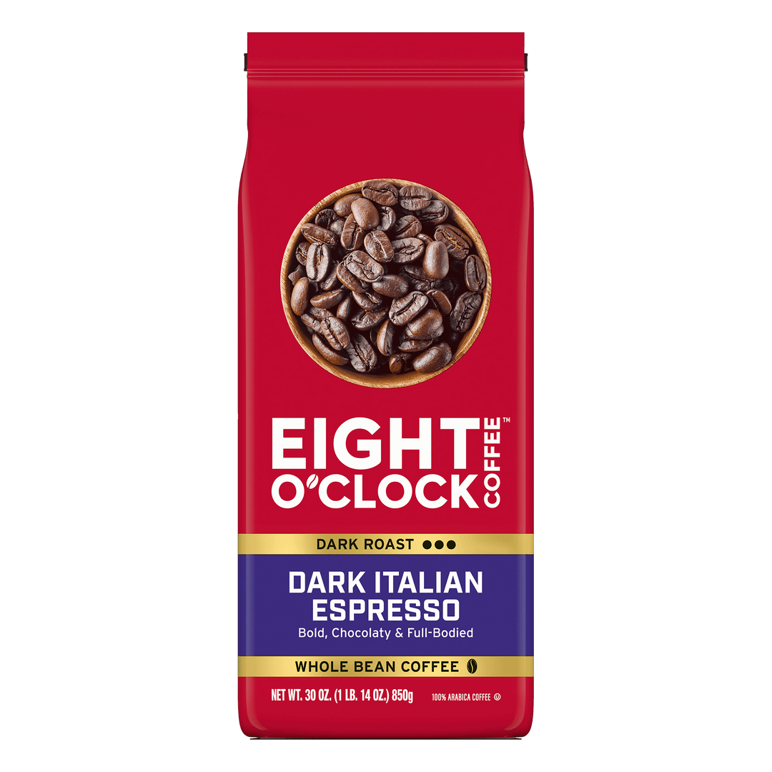 Red package of Eight O'Clock Coffee Dark Italian Espresso on a white background