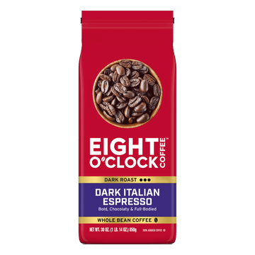 Red package of Eight O'Clock Coffee Dark Italian Espresso on a white background