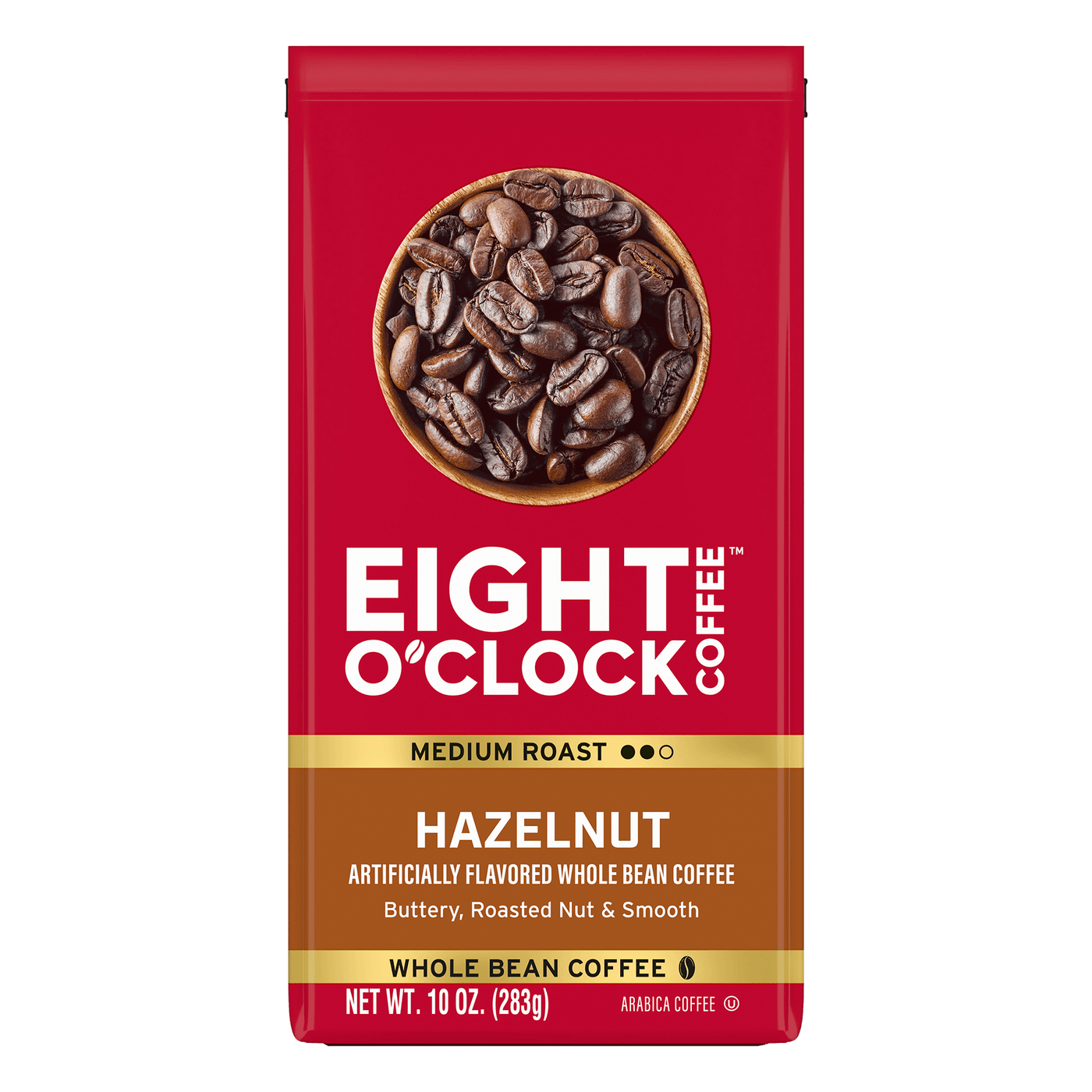 Eight O'Clock Coffee Hazelnut whole bean coffee package on a white background