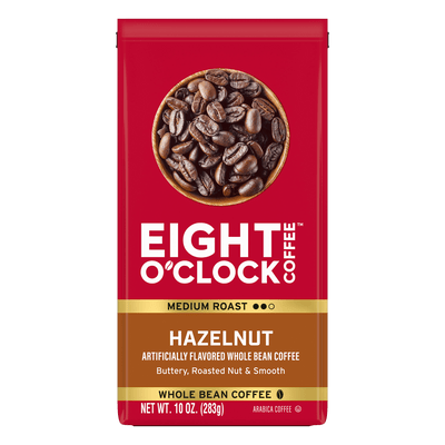 Eight O'Clock Coffee Hazelnut whole bean coffee package on a white background