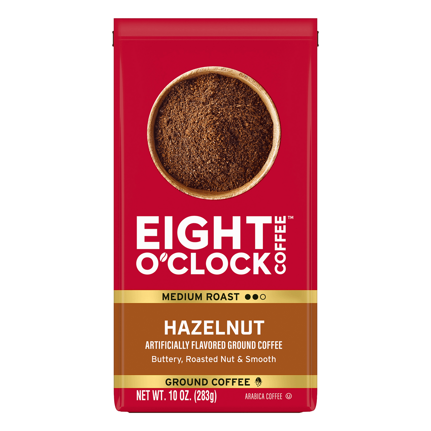 Eight O'Clock Hazelnut coffee package on a white background