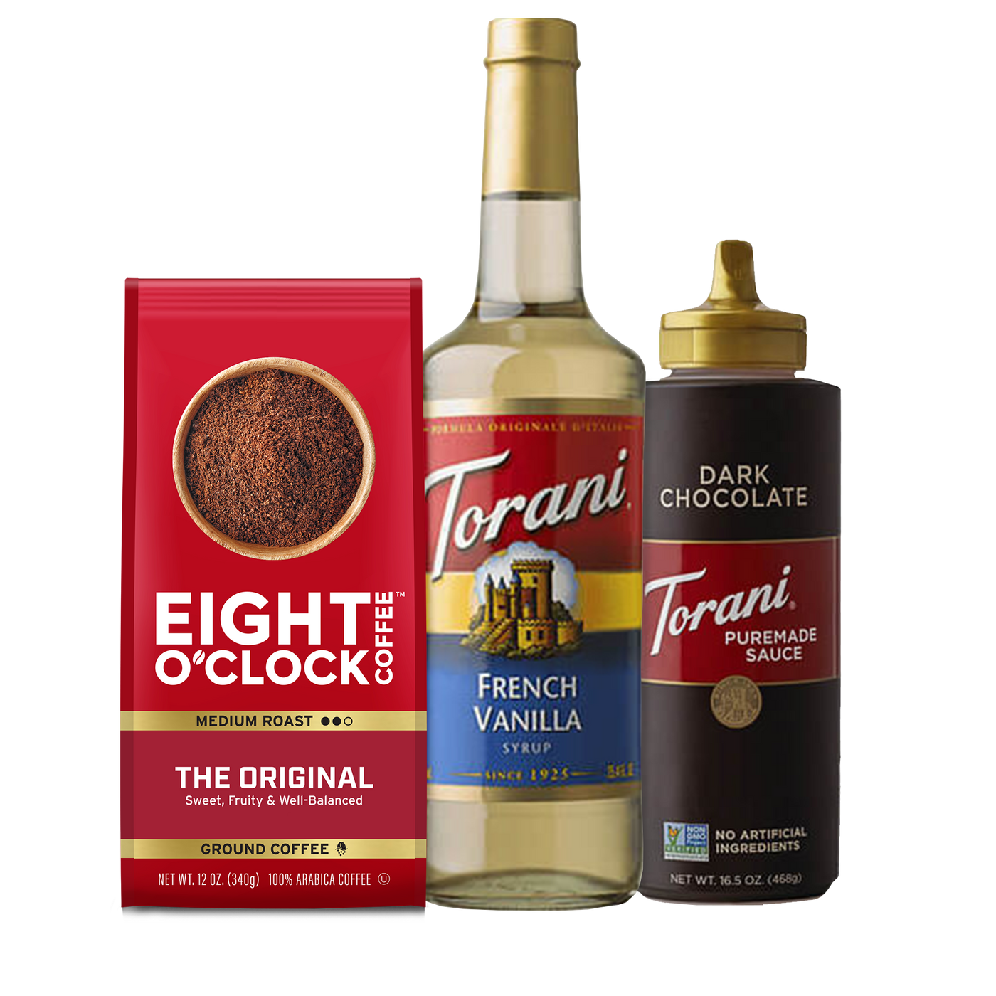 French Vanilla Mocha Gift Set - Eight O'Clock coffee, Torani French Vanilla Syrup and Torani Puremade Dark Chocolate Sauce
