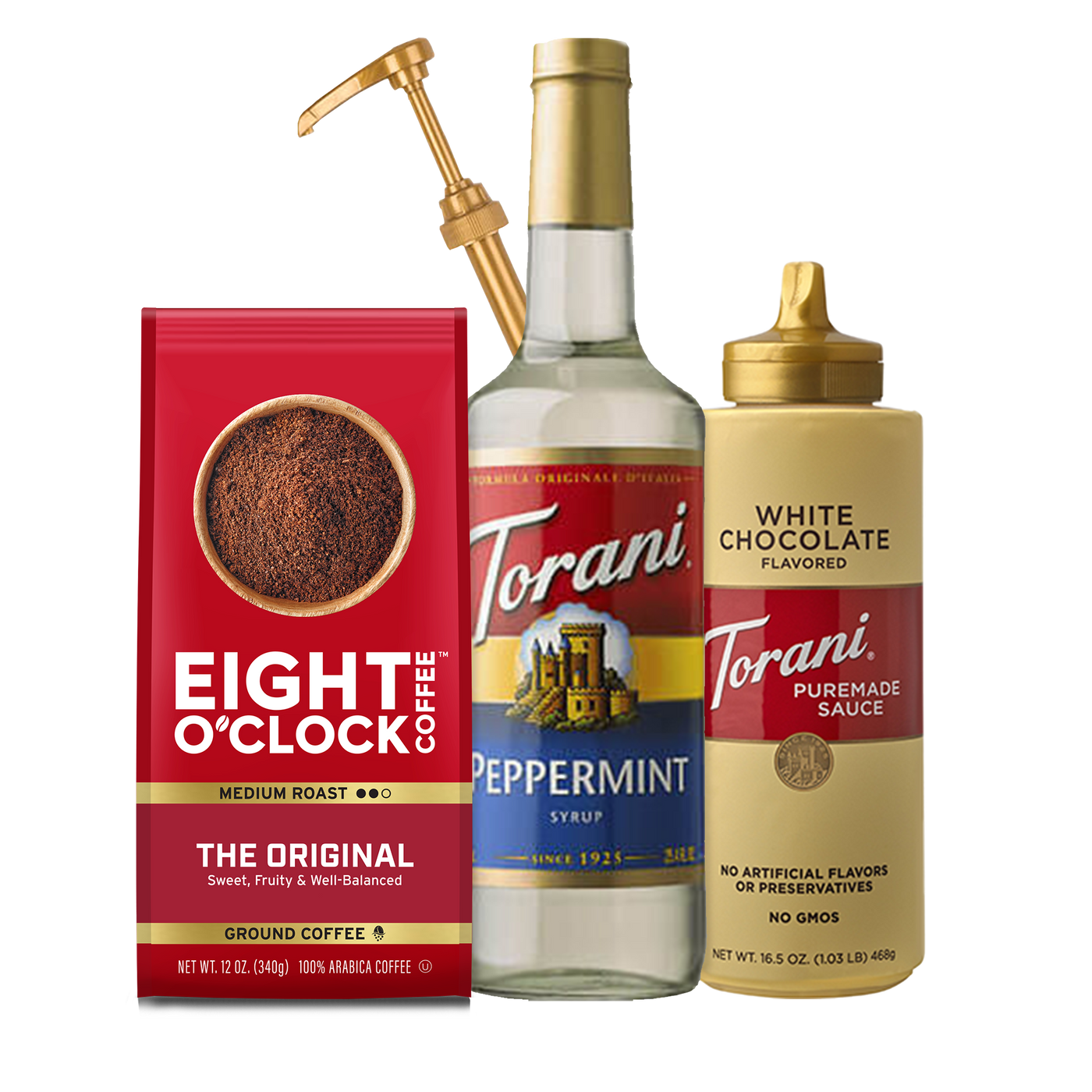 Peppermint Bark Mocha Gift Set - Eight Oclock Coffee, Torani Peppermint Syrup with a pump, and Torani White Chocolate Sauce